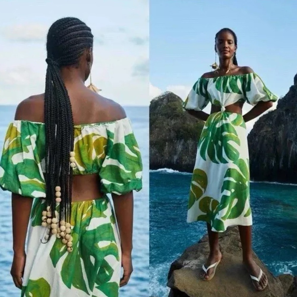 Tropical Green Leaf Print Off-Shoulder Dress